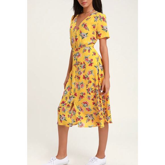 Lulu's Windows Down Yellow Floral Print Button-Front Midi Dress size Small - Picture 3 of 8
